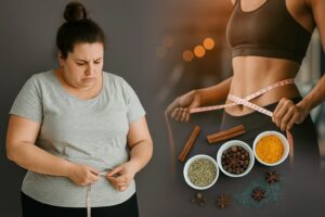 Frustrated plus-size woman and Ayurvedic herbs for women's weight loss